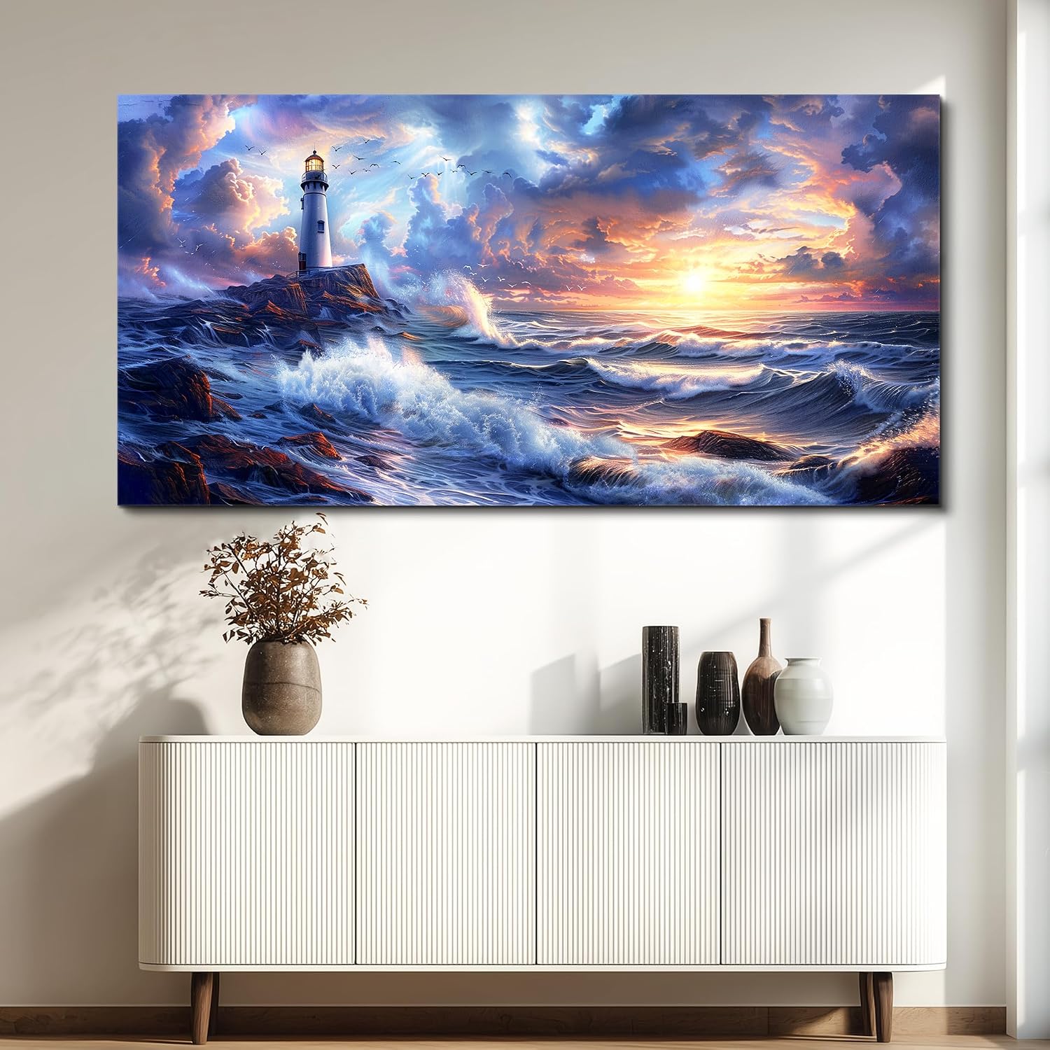 JUDASJART Wall Decor For Bedroom Large Wall Art For Living Room Modern Office Decorations Ocean Sea Wave Paintings Lighthouse Seascape Pictures Canvas Artwork Home Decor Ready To Hang
