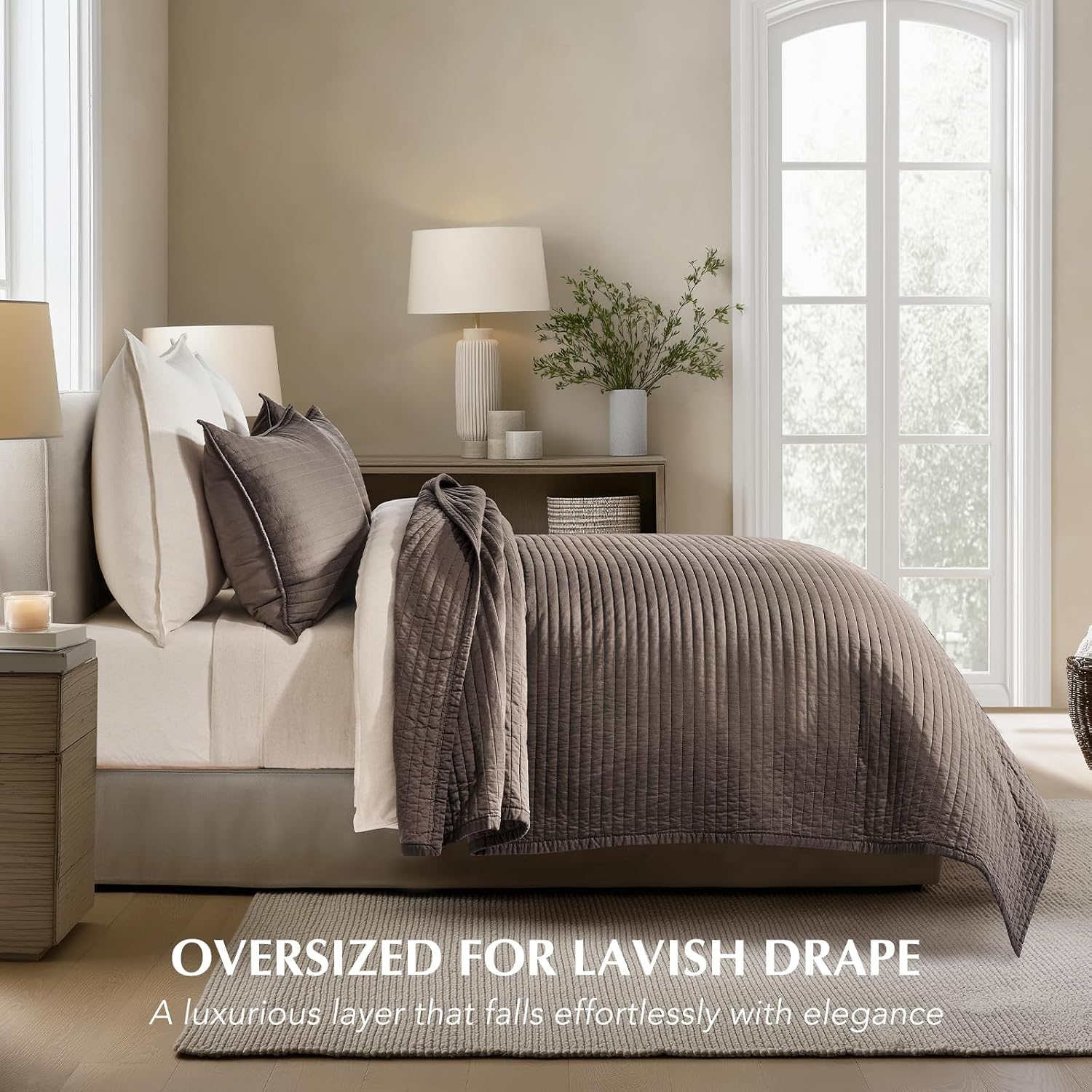 EVERGRACEHOME Cotton Sateen Quilt Set Oversized King, Pre-Washed Cotton Channel Stitch Coverlet Bedspread, 3 Pieces Lightweight Soft Bedding Sets for All Season, with 2 Pillow Shams, Mocha Brown