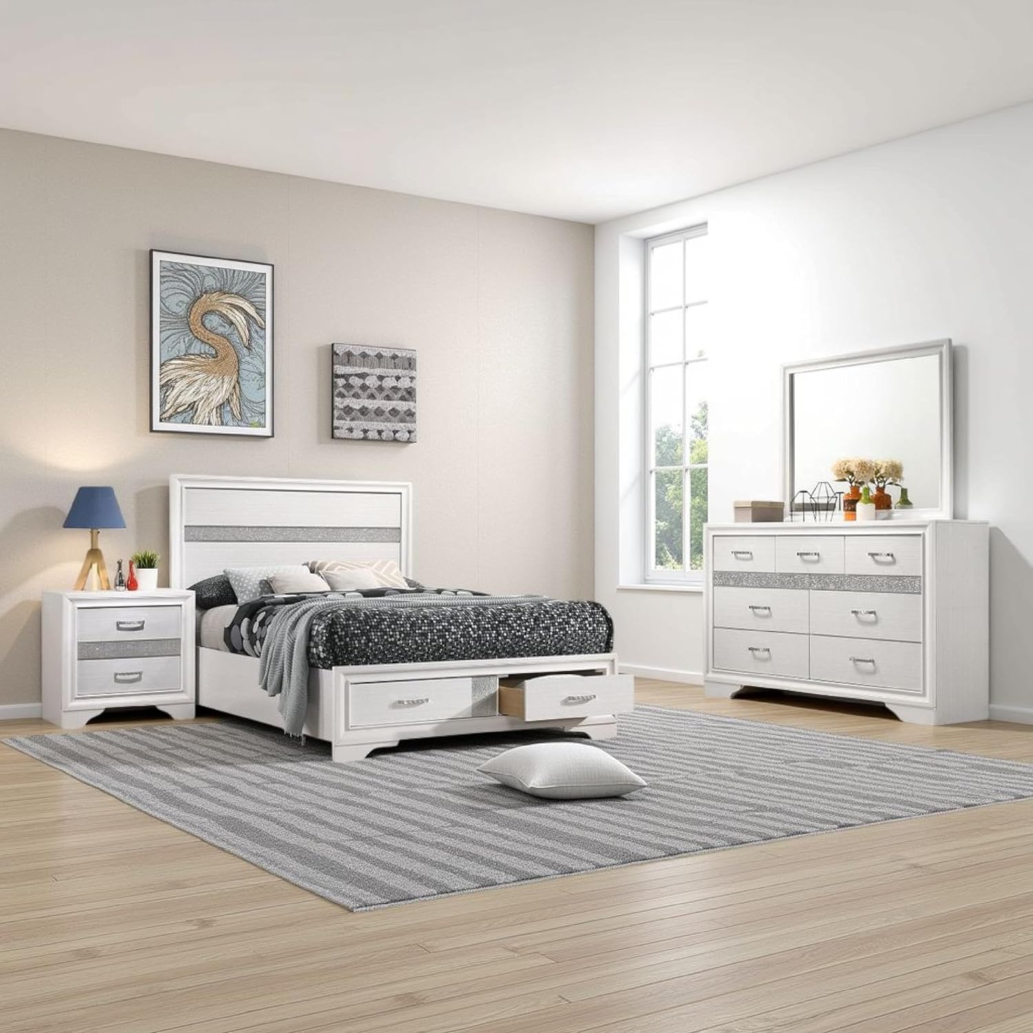 Benjara Vino 4pc Full Bedroom Set- Storage Footboard- White/Glitter Stripes