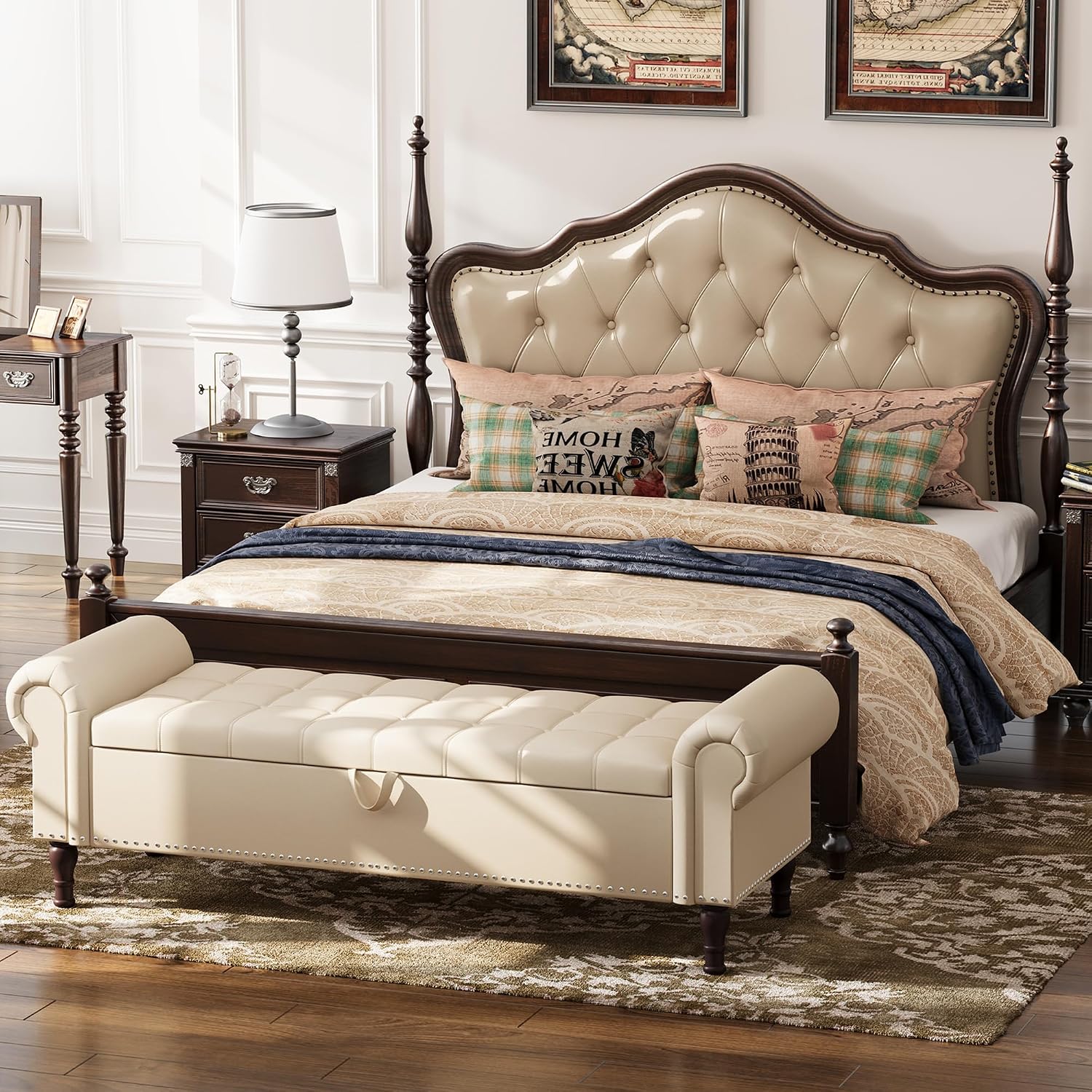 Apicizon 60' Bench with Storage, Faux Leather Ottoman Bench with Rolled Arm & Vintage Rivets, End of Bed Bench for Bedroom, Living Room, Entryway, Beige+Brown Legs