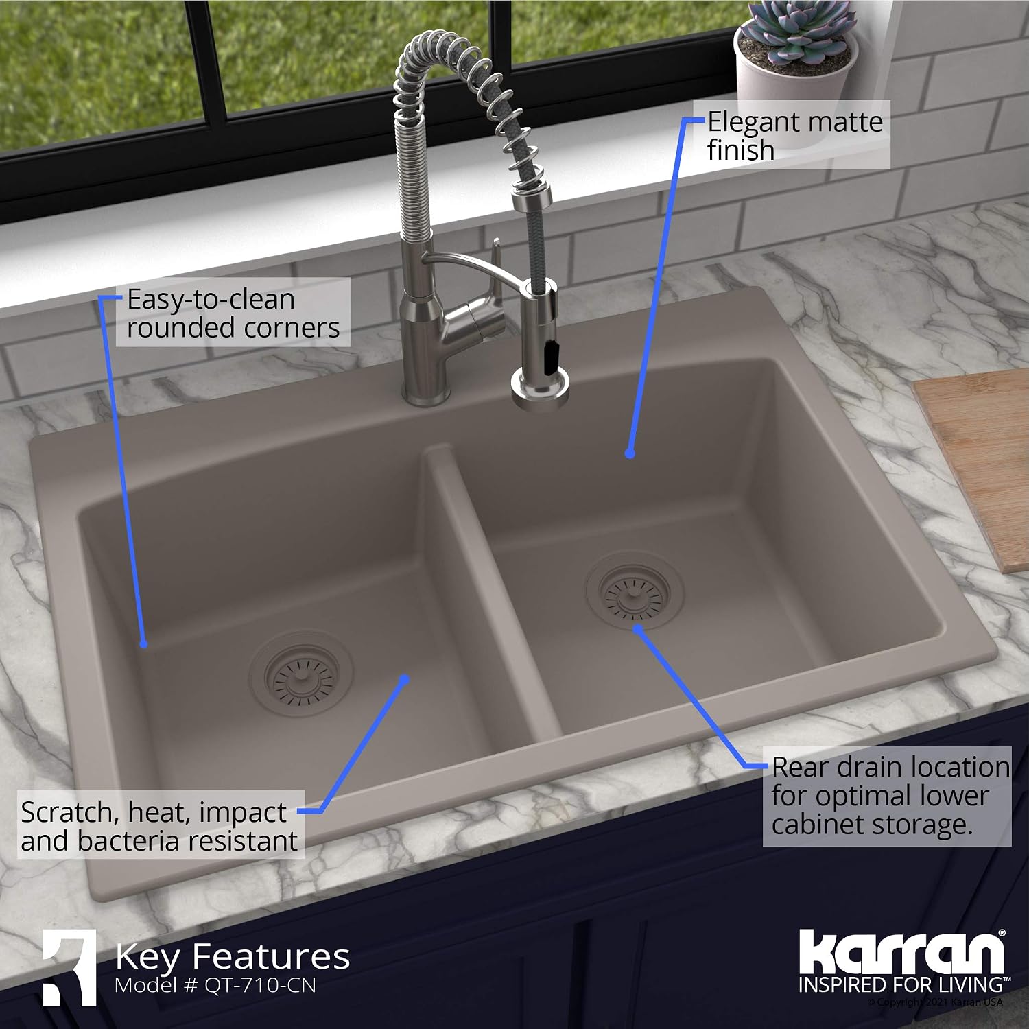 Karran QT-710 33 Inch Top Mount Double Bowl Kitchen Sink, 50/50 Low Divide Quartz Composite Drop-In Sink, Rear Drain, Heat and Scratch Resistant, Concrete