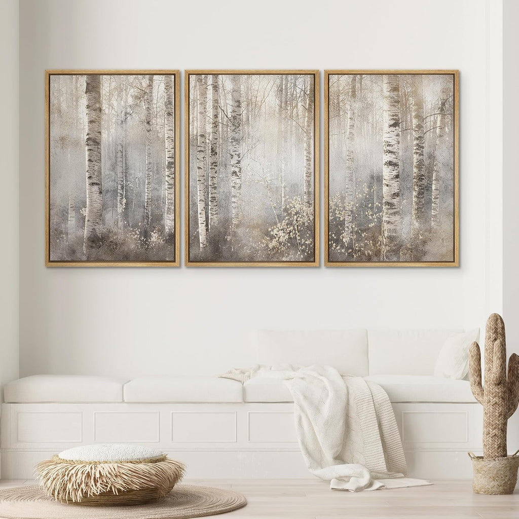 SIGNWIN Framed Canvas Print Wall Art Set Serene Birch Tree Forest in Soft Tones Illustrations Modern Bohemian Scenic Colorful Ultra for Living Room, Bedroom, Office - 24'x36'x3 Natural