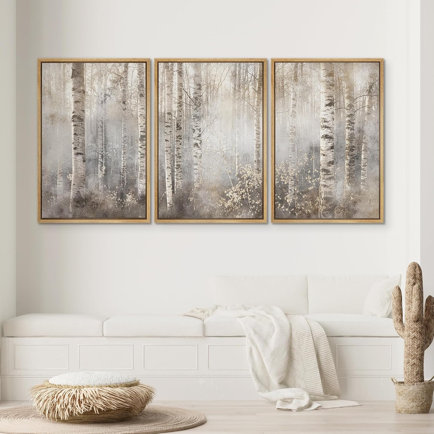 SIGNWIN Framed Canvas Print Wall Art Set Serene Birch Tree Forest in Soft Tones Illustrations Modern Bohemian Scenic Colorful Ultra for Living Room, Bedroom, Office - 24'x36'x3 Natural