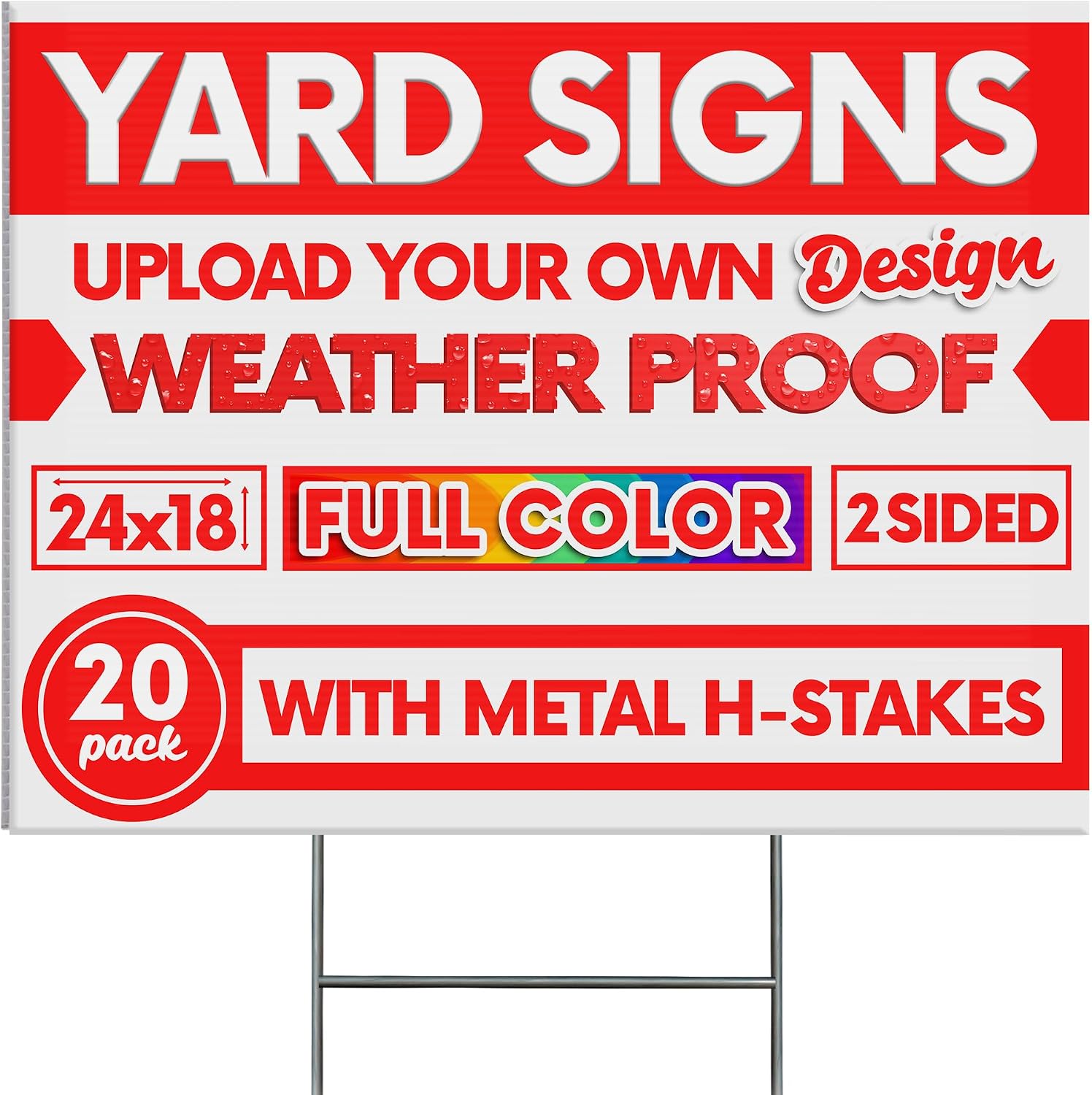 20 pack 24x18' Double Sided Custom Yard Sign with Metal Stake Front and Back Custom Printed Personalized Lawn Sign for Business, Real Estate, or Yard Sale, Full Color Corrugated Plastic Signage for Outdoors, Home, Office, Business (20-Pack)