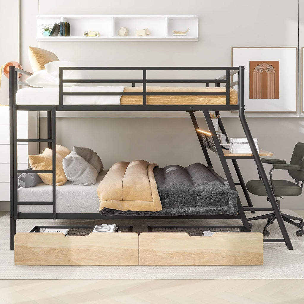 Full Size Metal Bunk Bed with Built-in Desk,Bed Frame W/Light Strip and 2 Large-Capacity Storage Drawers,for Bedroom,Apartment,Guest Room,Black