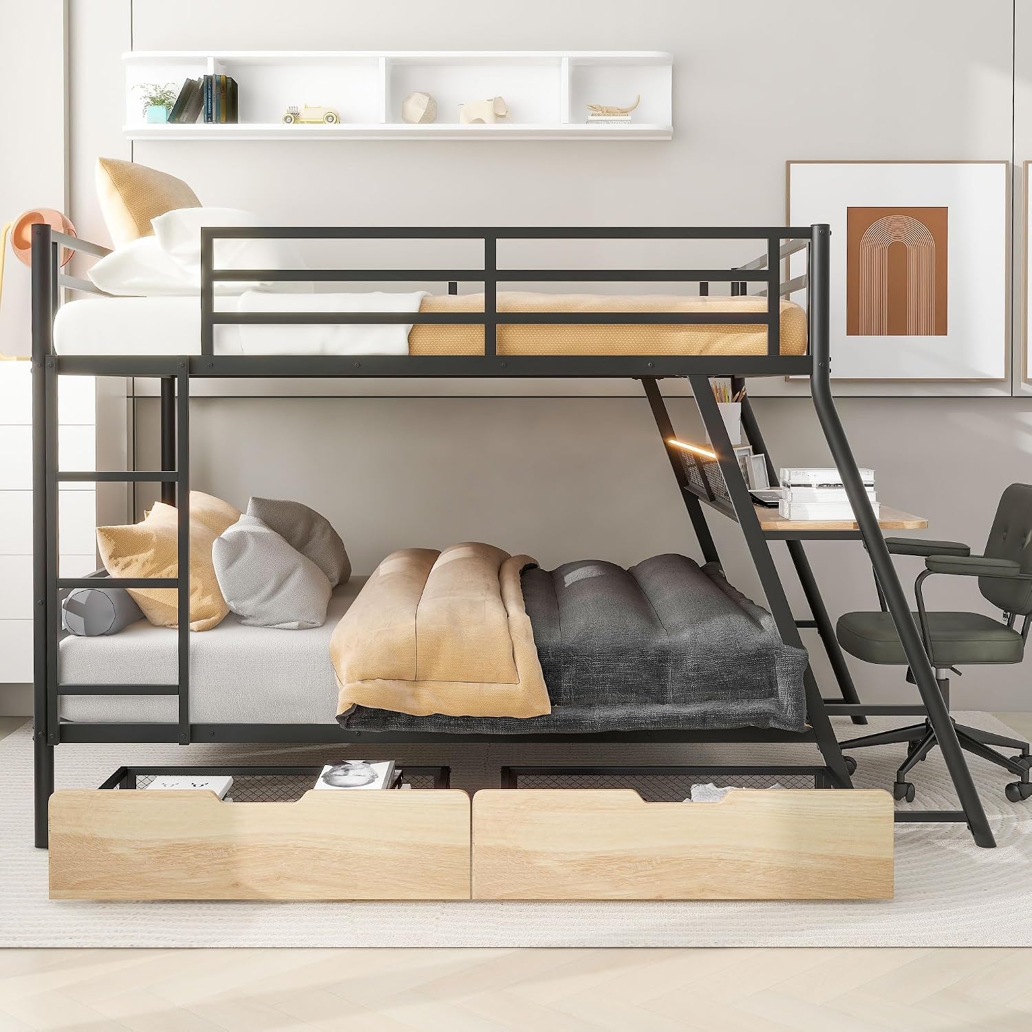 Full Size Metal Bunk Bed with Built-in Desk,Bed Frame W/Light Strip and 2 Large-Capacity Storage Drawers,for Bedroom,Apartment,Guest Room,Black