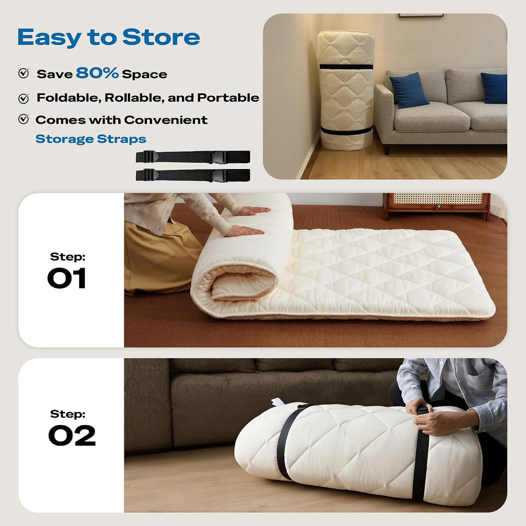 Aircliff Japanese Floor Futon Mattress, Roll Up Tatami Mat, Sleeping Pad, Shikibuton, CertiPUR-US Certified Foam Floor Bed Mattress for Sleeping, Dormitory, Guest Bed, Designed in Japan(White, Full)