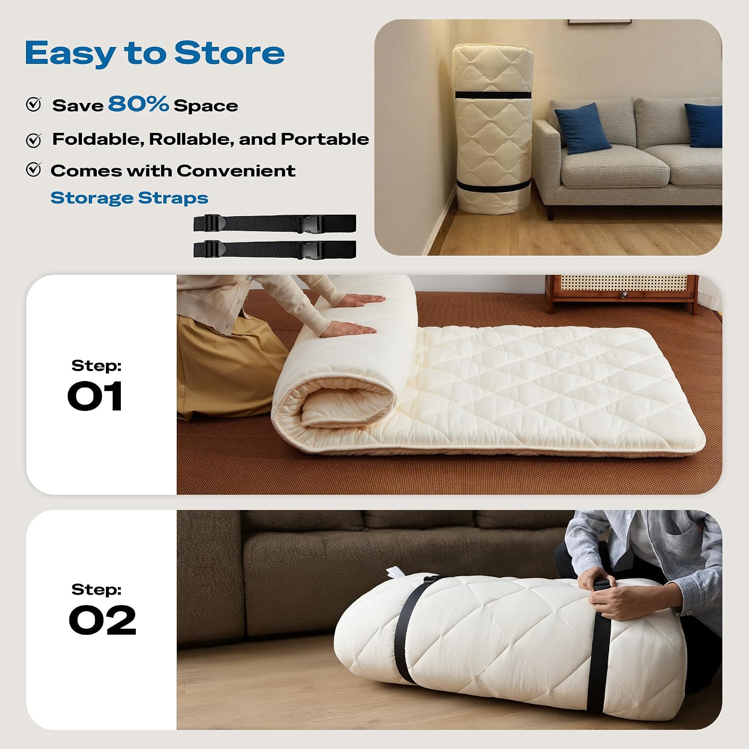 Aircliff Japanese Floor Mattress, Roll Up Tatami Mat, Sleeping Pad, Shikibuton, High Density Foam Floor Bed Futon Mattress for Sleeping, Dormitory, Guest Bed, Designed in Japan(Twin)