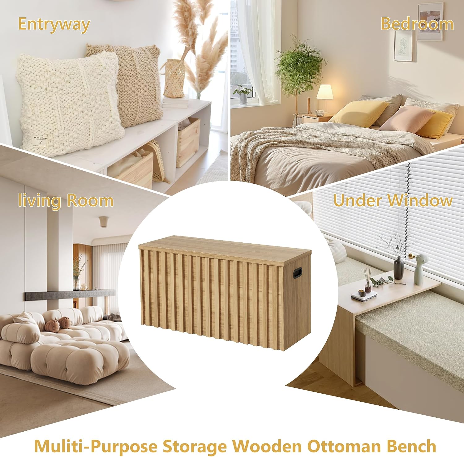 UEV Storage Bench Set of 2, 39.4' Wood Box, Storage Trunk with 2 Safety Hinges, Ottoman Storage Chest Set of 2, Fluted Storage Bench for Bedroom, Shoe Bench for Bedroom, Living Room (Natural Wood)