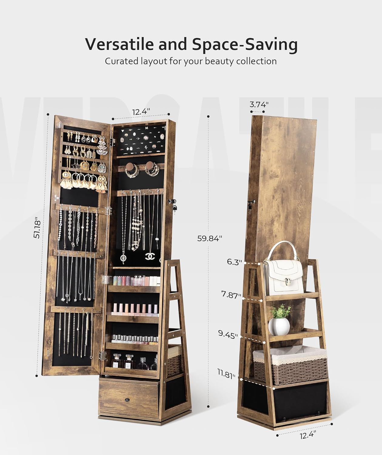 Nicetree 360°Swivel Jewelry Cabinet, Rotatable Full Length Mirror with Jewelry Storage, Standing Jewelry Armoire Organizer, Lockable Jewelry Organizer with 3 Rear Shelves, Bottom Drawer, Rustic Brown