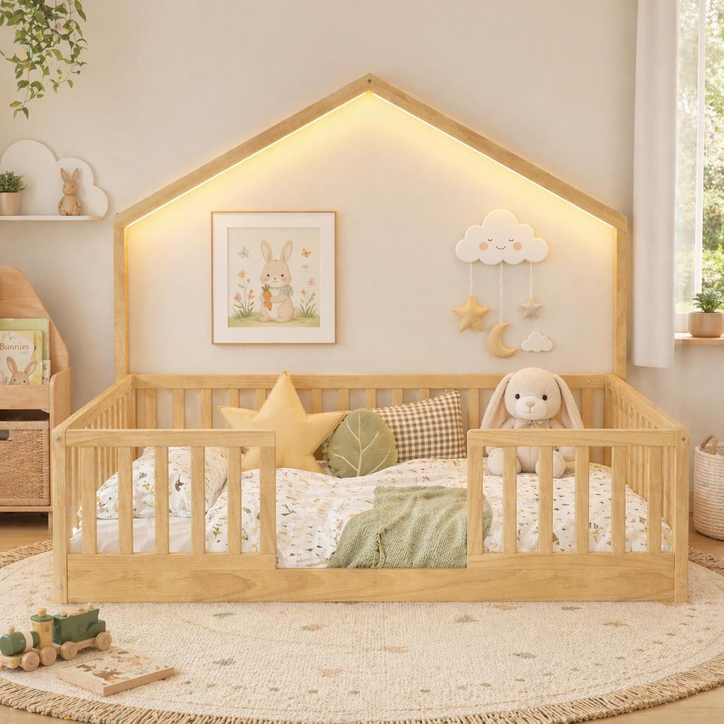Full Size Floor Bed with High Rails, Wooden Montessori Bed Full with Light & Wood Slats, Low Profile Montessori Floor Beds for Kids, Boys & Girls, Natural
