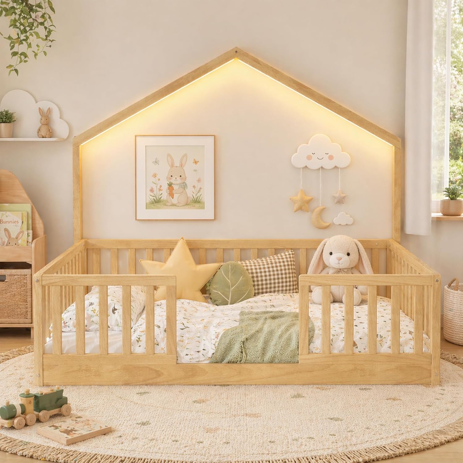 Full Size Floor Bed with High Rails, Wooden Montessori Bed Full with Light & Wood Slats, Low Profile Montessori Floor Beds for Kids, Boys & Girls, Natural