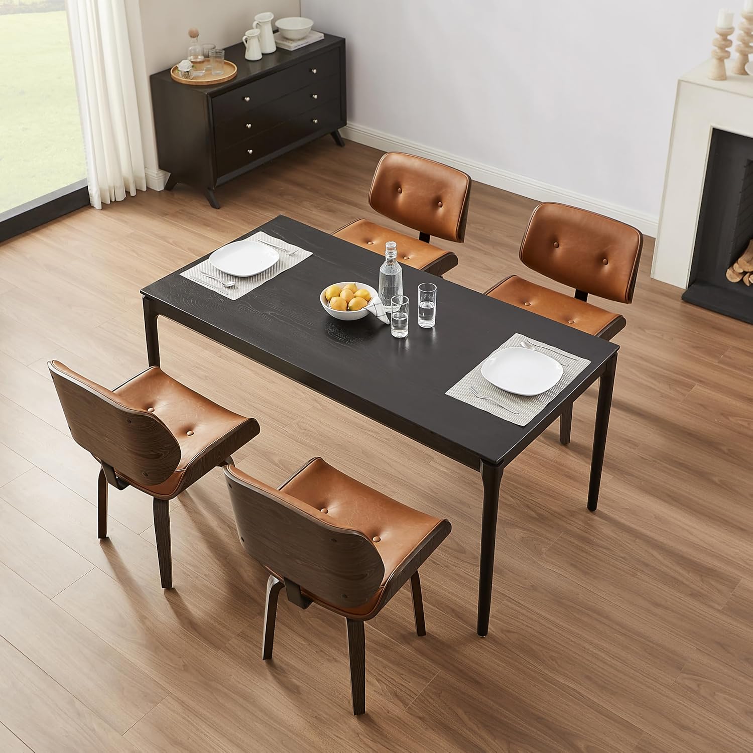 Zouron Swivel Dining Chair, Mid Century Modern Swivel Chair No Wheels, PU Leather Accent Chair with Black Oak Bentwood, Upholstered Kitchen Dining Room Chairs, Thickened Cushion, Button Brown