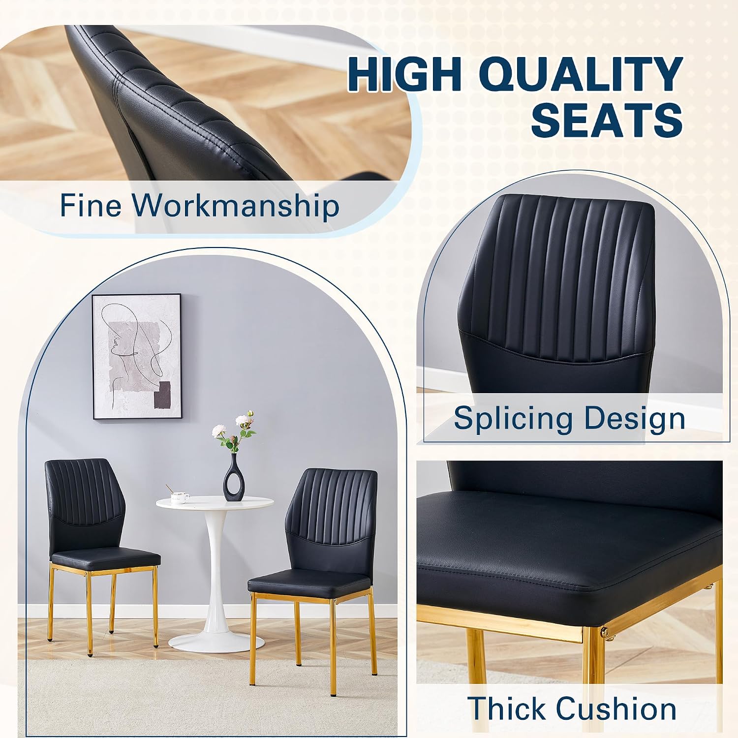 Dining Room Chairs Set of 4,Comfortable,Fashionable Soft Padded Kitchen Chairs High Backrests Metal Legs. Suitable for Living Room and Bedroom (Black+Gold Leg Set of 4)