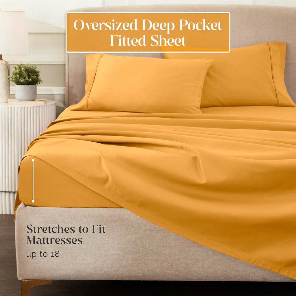 Superior 1200 Thread Count Egyptian Cotton Sheet Set, Bedroom Sheets, Modern Home Essentials, Luxury Bedding, 1 Elastic Deep Pocket Fitted Bed Sheet, 1 Flat Sheet, 2 Pillowcases, Queen, Dijon