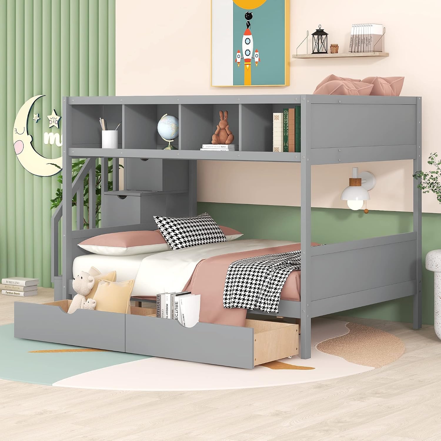 Twin Over Full Bunk Bed with Shelfs,Storage Staircase and 2 Drawers,Bedroom Solid Wood Bed Frame w/Full-Length Guardrail,Slat Support,for Kid Boy Girl Teen,Gray