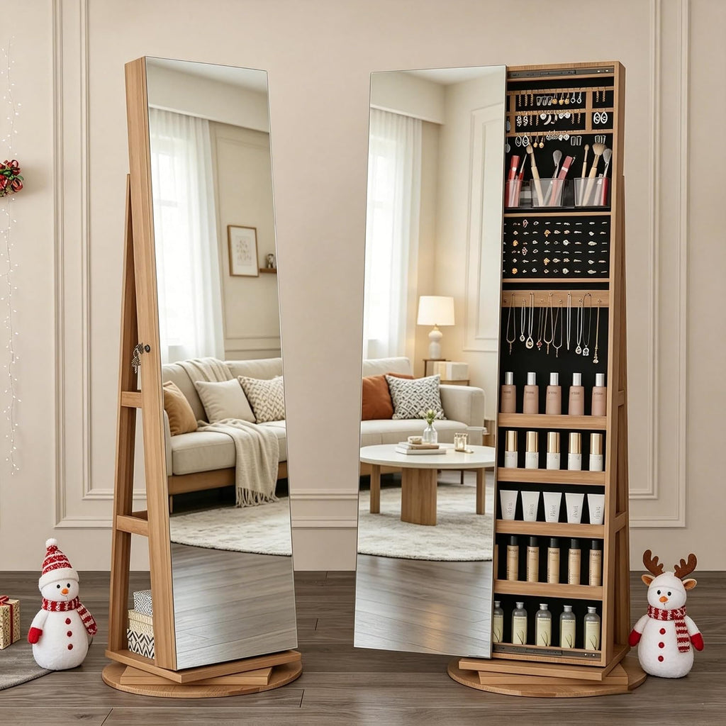 LVSOMT 360° Swivel Jewelry Cabinet with Full Length Mirror, 63' Large Capacity Jewelry Organizer Armoire, Lockable Mirror with Jewelry Storage, Floor Standing Mirror, Rear Storage Shelves