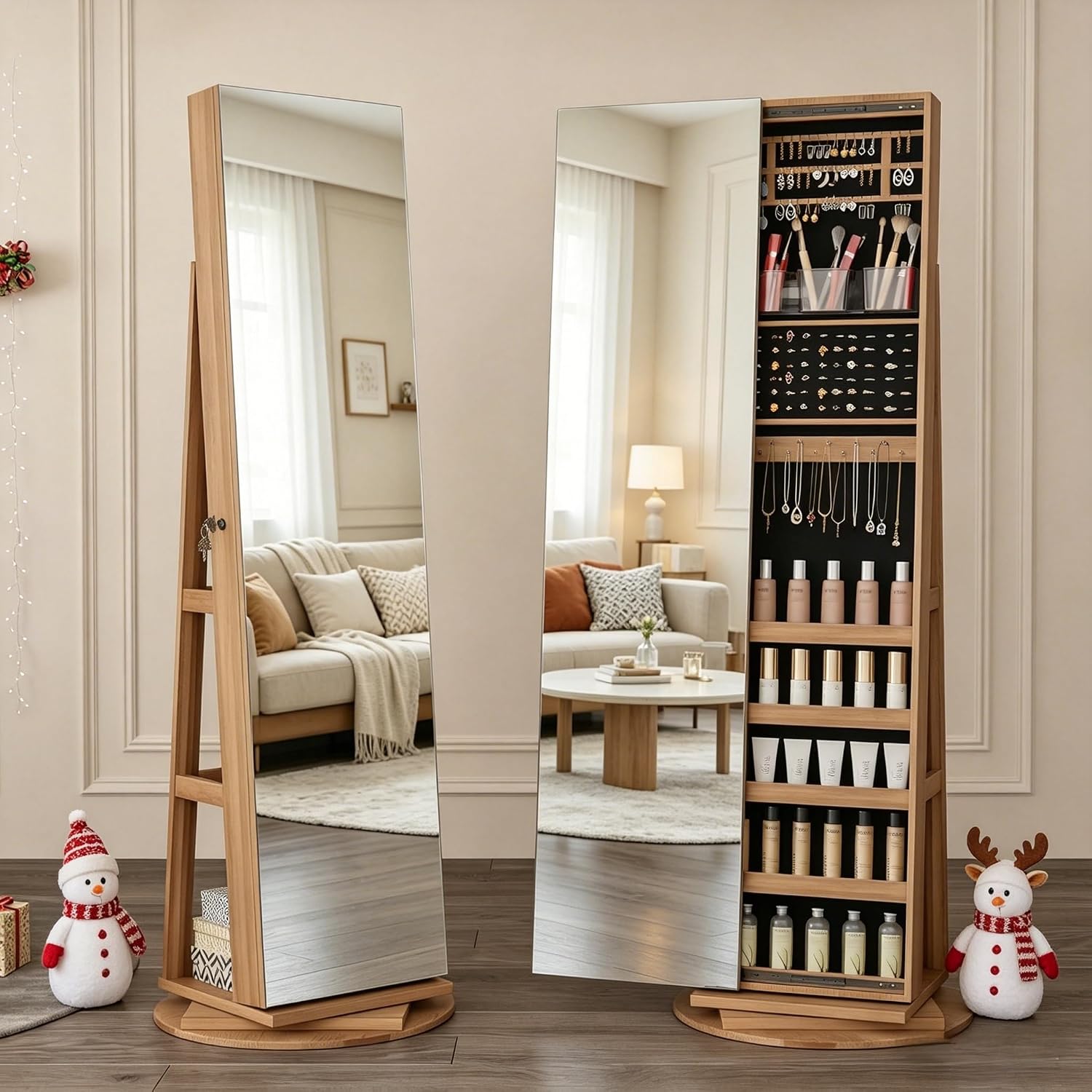 LVSOMT 360° Swivel Jewelry Cabinet with Full Length Mirror, 63' Large Capacity Jewelry Organizer Armoire, Lockable Mirror with Jewelry Storage, Floor Standing Mirror, Rear Storage Shelves