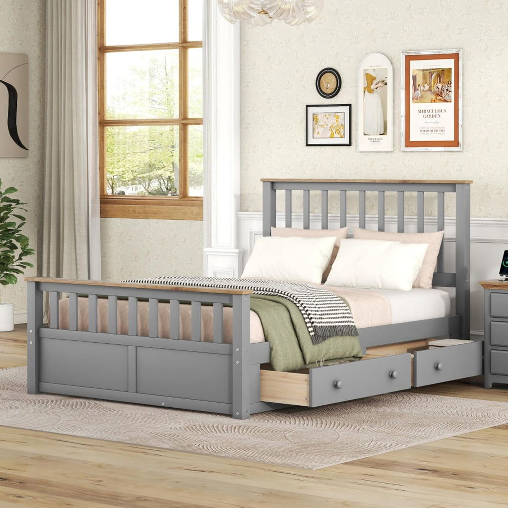 Rustic Bedroom Furniture Set: Platform Bed with Storage Drawers, Nightstand with USB Charging Ports, and 6-Drawer Chest - Solid Wood Construction (Grey,Full Bed)
