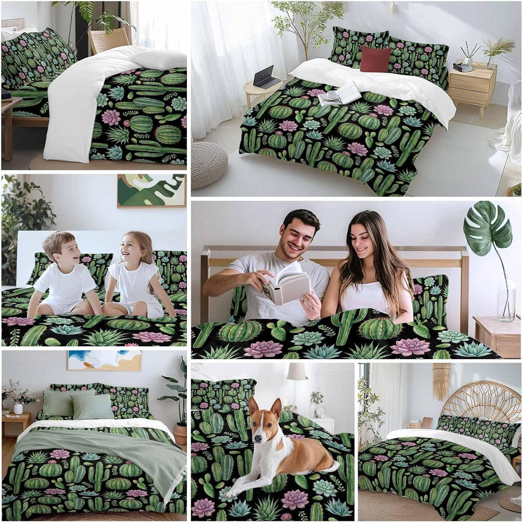 Summer Botanical Duvet Cover Set Queen Size 4 Pieces Tropical Saguaro Opuntia Green Cactus Black Bedding Set with Zipper Closure, 1 Comforter Cover 92x106 Inches 1 Flat Sheet & 2 Pillow Cases