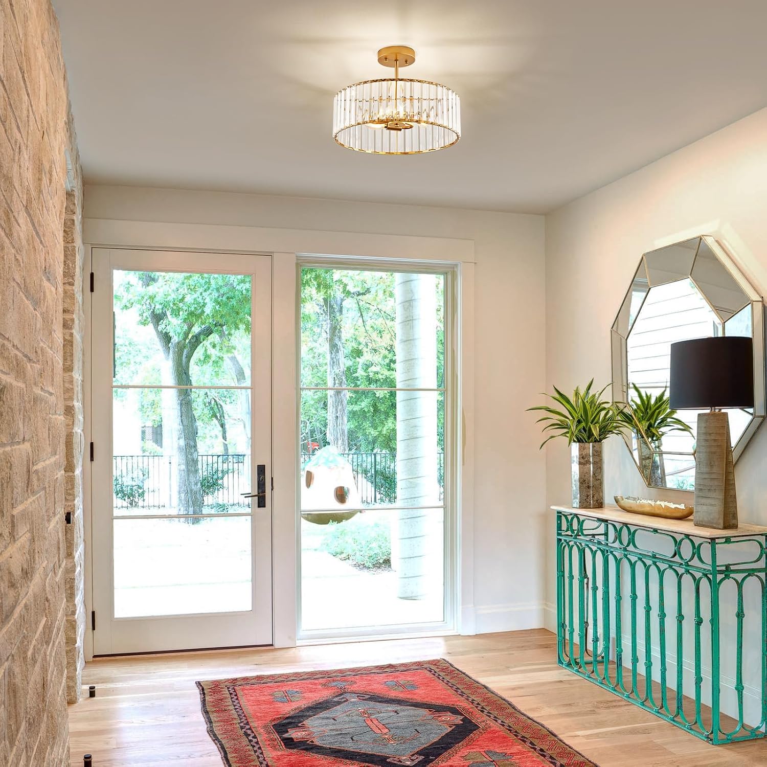 Modern Gold Semi Flush Mount Ceiling Light Crystal 3-Light Light Fixture 15.75 Inch Kitchen Ceiling Lighting for Living Room Bedroom Dining Room Bathroom Entryway (Bulb Not Included)
