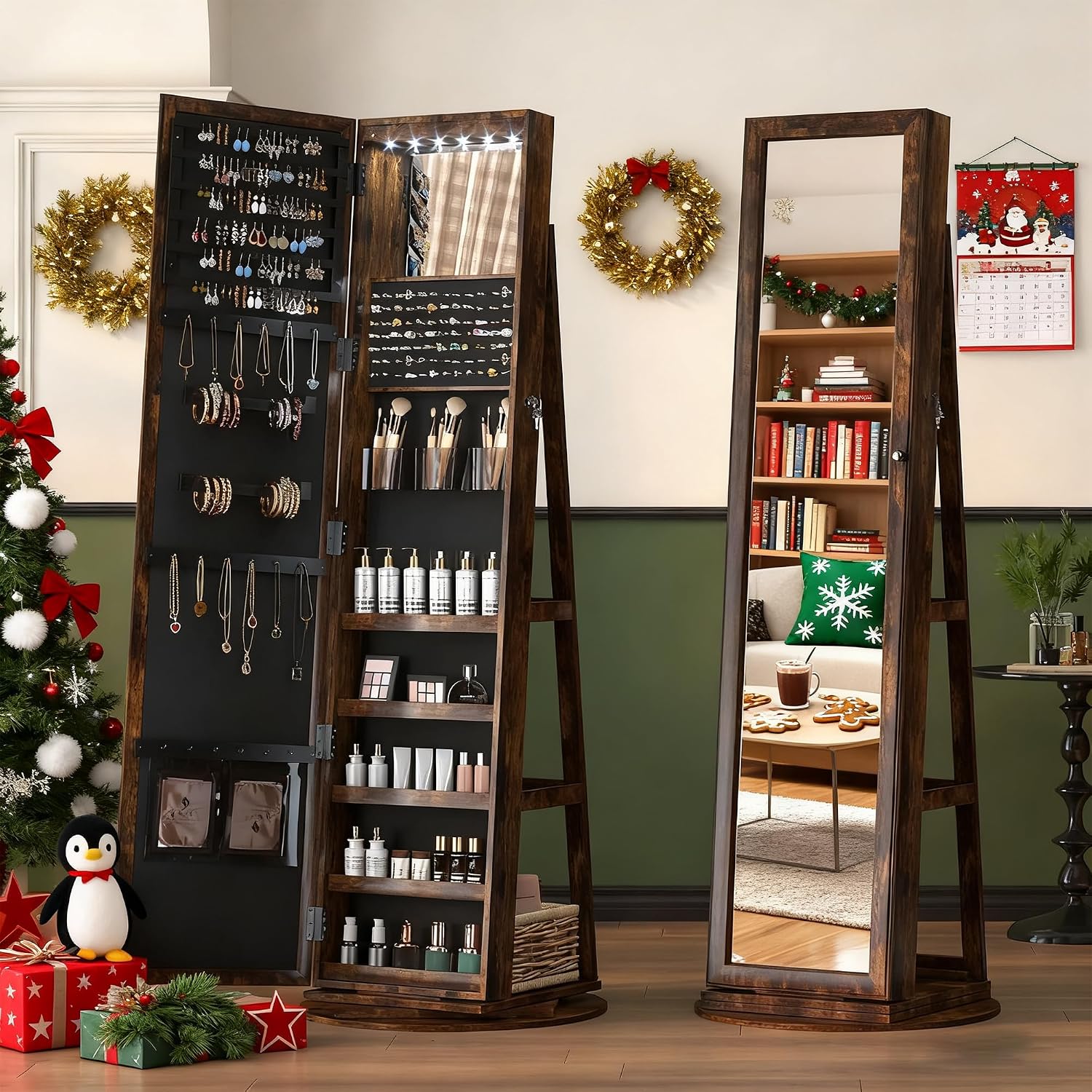 LVSOMT Mirror Jewelry Cabinet Standing, 360° Swivel Jewelry Armoire with 6 LED Lights and Interior Mirror, Full Length Mirror with Storage, Standing Lockable Jewelry Organizer, Retro Brown