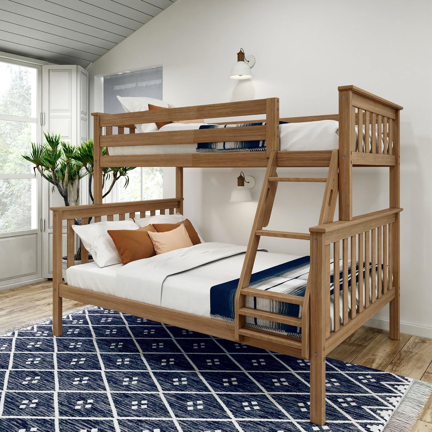 Plank+Beam Classic Wooden Bunk Bed Twin Over Full Size, Platform Bed Frame with Bunk Bed Ladder and Wood Slats for Adult, Space Saving Bed, Easy to Assemble, No Box Spring Needed, Pecan