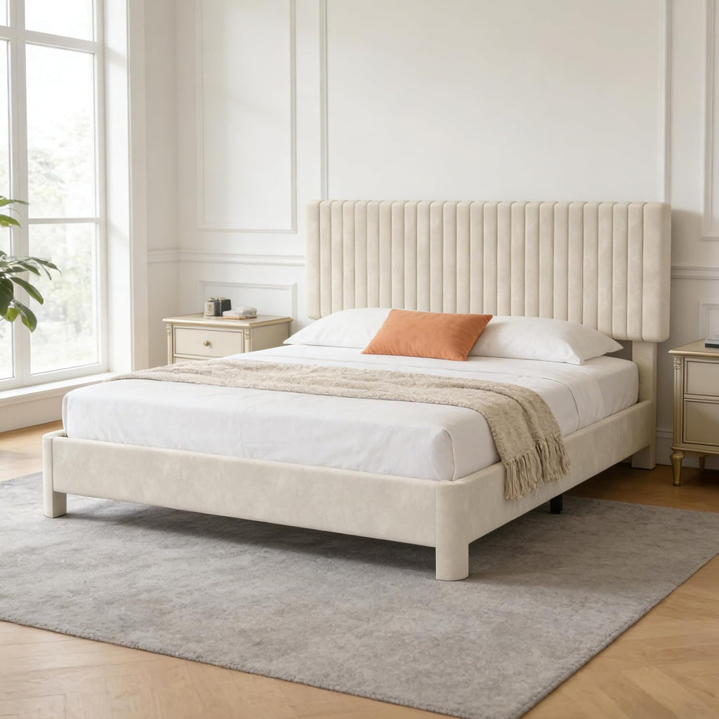 Vipbear Queen Upholstered Platform Bed Frame, Luxury Velvet Fabric with Headboard, Quiet & Sturdy Slat Support, Under-Bed Storage Space, Easy Setup, White