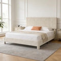 Vipbear Queen Upholstered Platform Bed Frame, Luxury Velvet Fabric with Headboard, Quiet & Sturdy Slat Support, Under-Bed Storage Space, Easy Setup, White
