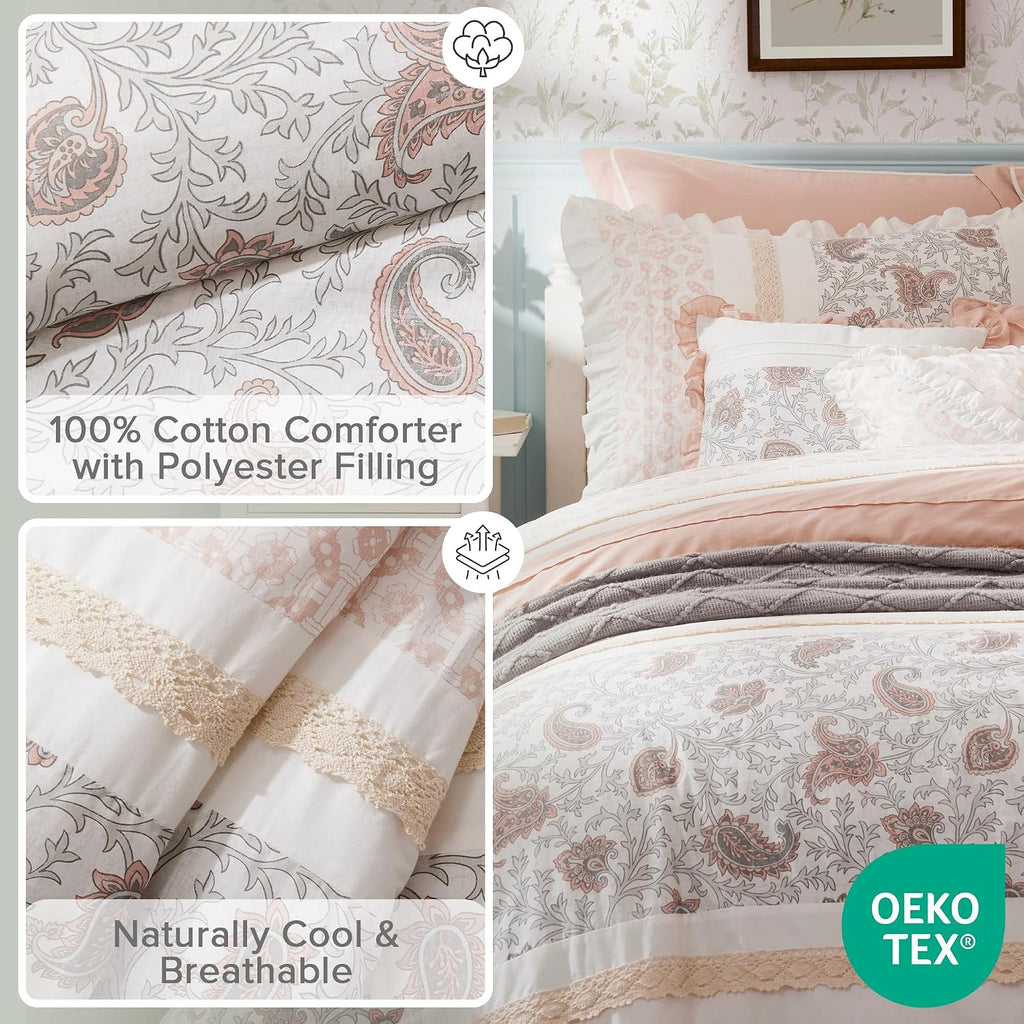 Madison Park Dawn 100% Cotton Shabby Chic Comforter Set-Modern Cottage Design All Season Down Alternative Bedding, Matching Shams, Bedskirt, Decorative Pillows, King(104'x92'), Blush 9 Piece