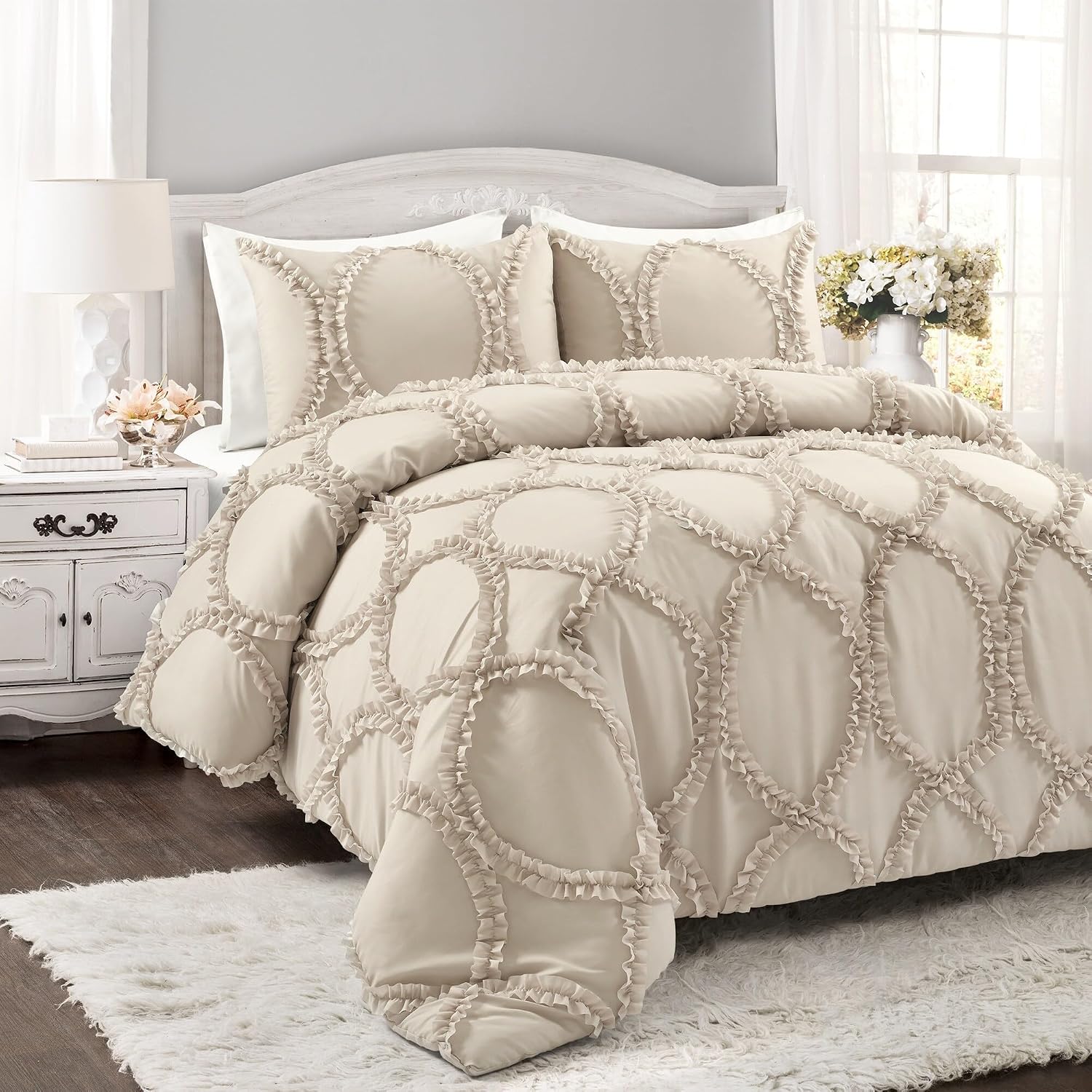 Lush Decor Avon Comforter Set, 3 Piece Set, Full/ Queen, Neutral - Beige Comforters Queen Size Comforter - Ruffled Bedding Set - Vintage Coquette Decor