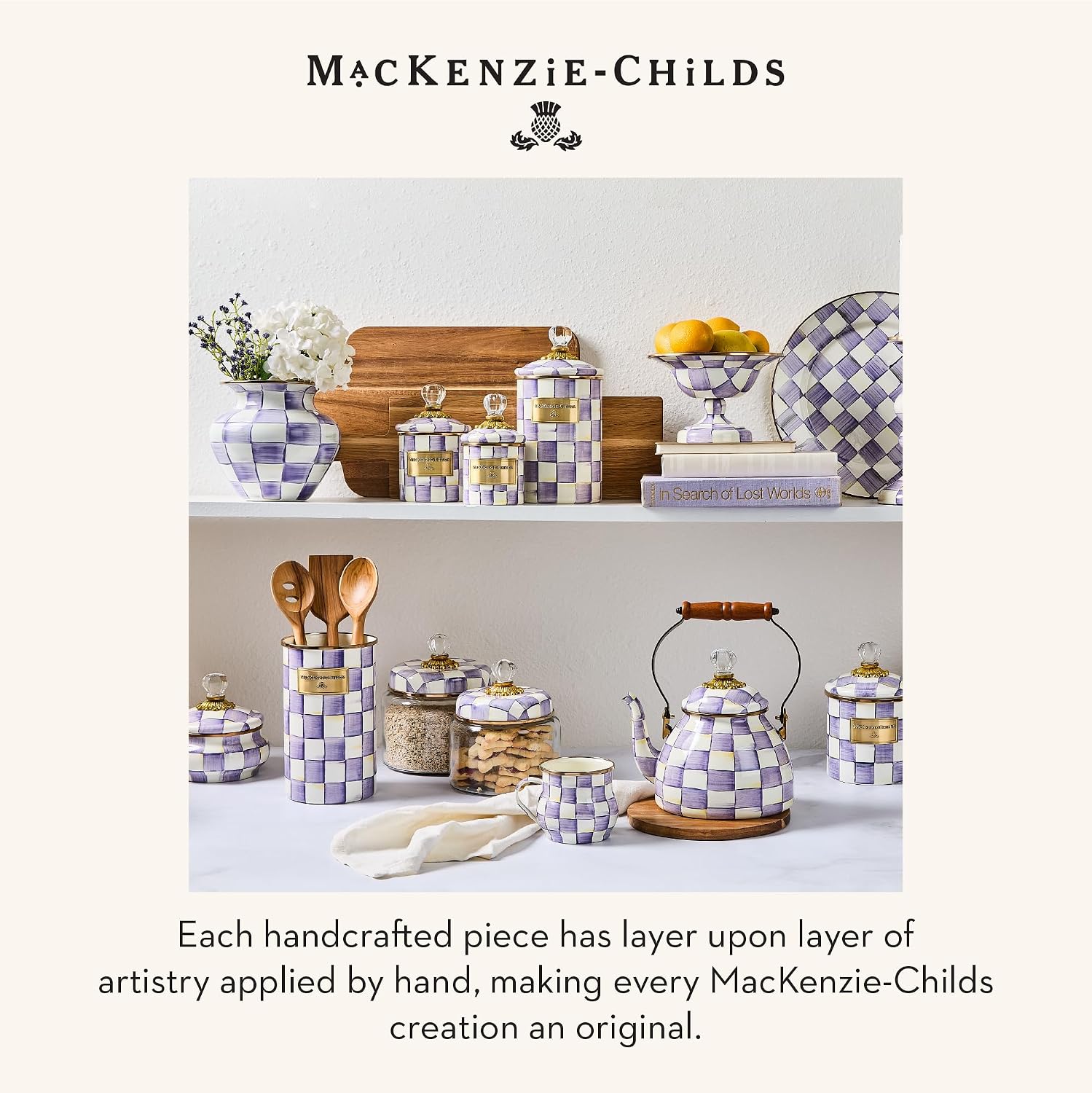 MACKENZIE-CHILDS Enamel Creamer and Sugar Bowl Set, Cream Dispenser with Pour Spout and Sugar Holder, Unique Kitchen Decor, Purple-and-White Violet Check
