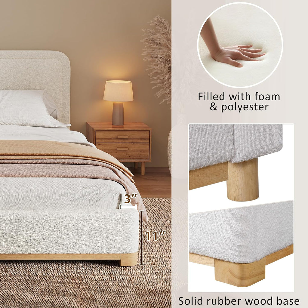 Christopher Knight Home Robey California King Size Bed Frame with Headboard, Boucle California King Bed Frame and Headboard, Wooden Slat Support, No Box Spring Needed, Easy Assembly, White