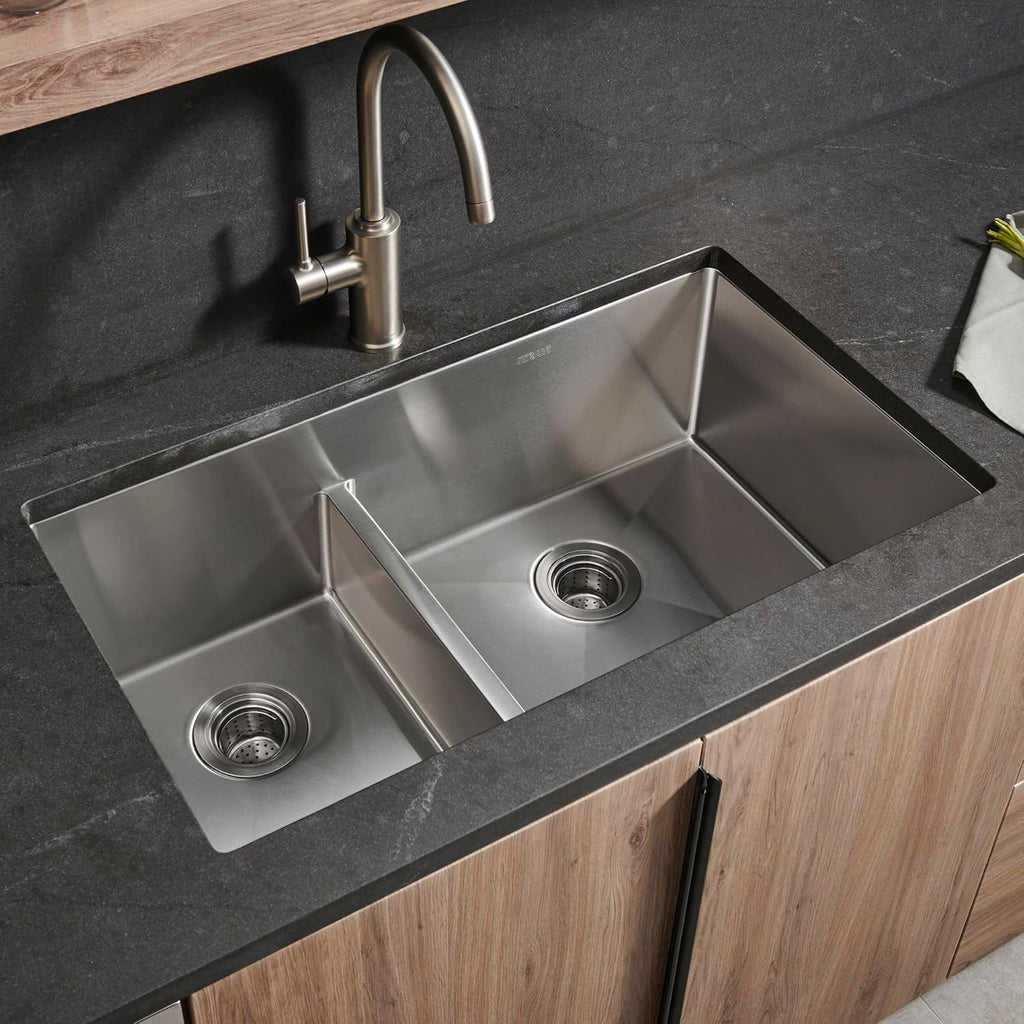Ruvati 33-inch Low-Divide Rounded Corners Undermount Kitchen Sink - 40/60 Double Bowl Kitchen Sinks - 16 Gauge Stainless Steel Kitchen sink with Brushed Finish hides scratches - RVH7418