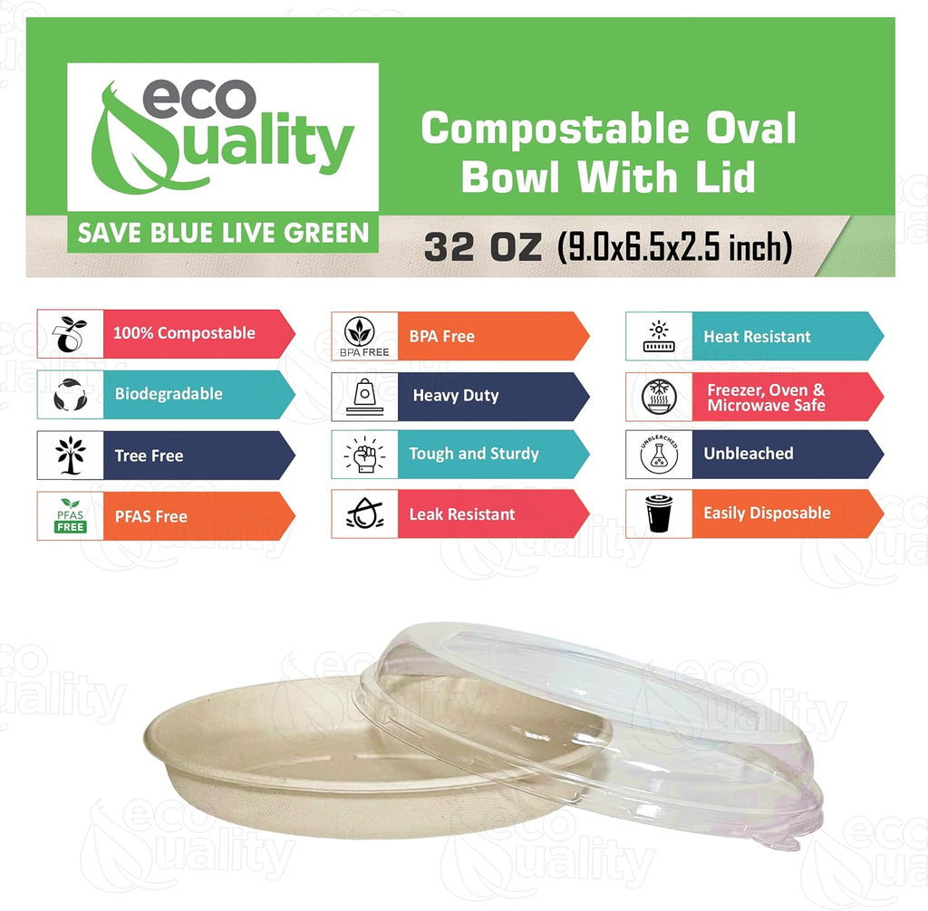 32 oz Disposable Compostable Fiber Oval Burrito Bowls with Dome Lids Heavy-Duty, Eco-Friendly Natural Bagasse Unbleached, Heat Resistant, Biodegradable Paper Salad Bowls Alternative to Plastic (400)