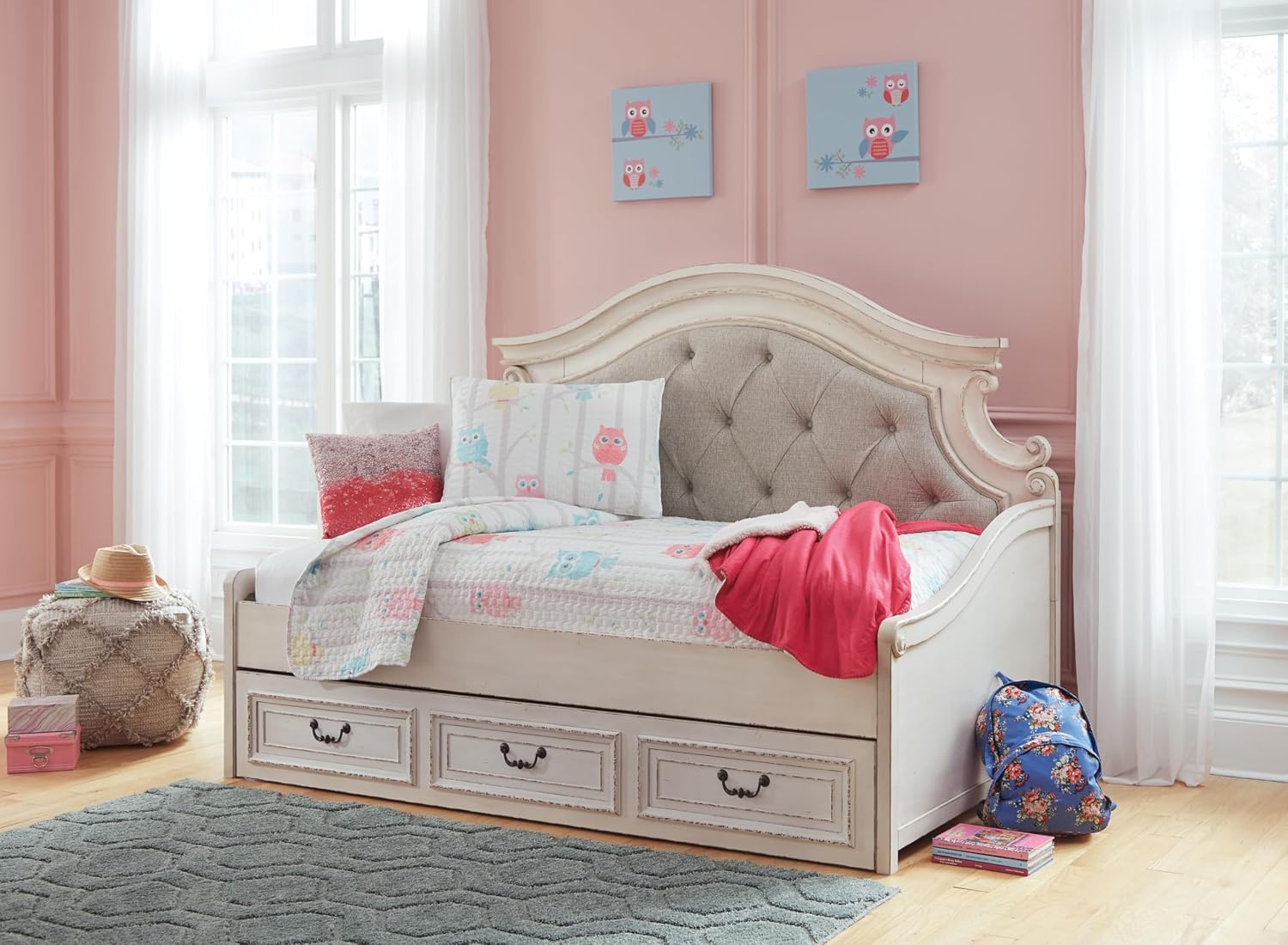 Signature Design by Ashley Realyn Traditional Upholstered Tufted Twin Platform Daybed with 1 Large Drawer, Foundation or Box Spring Not Needed, White & Beige