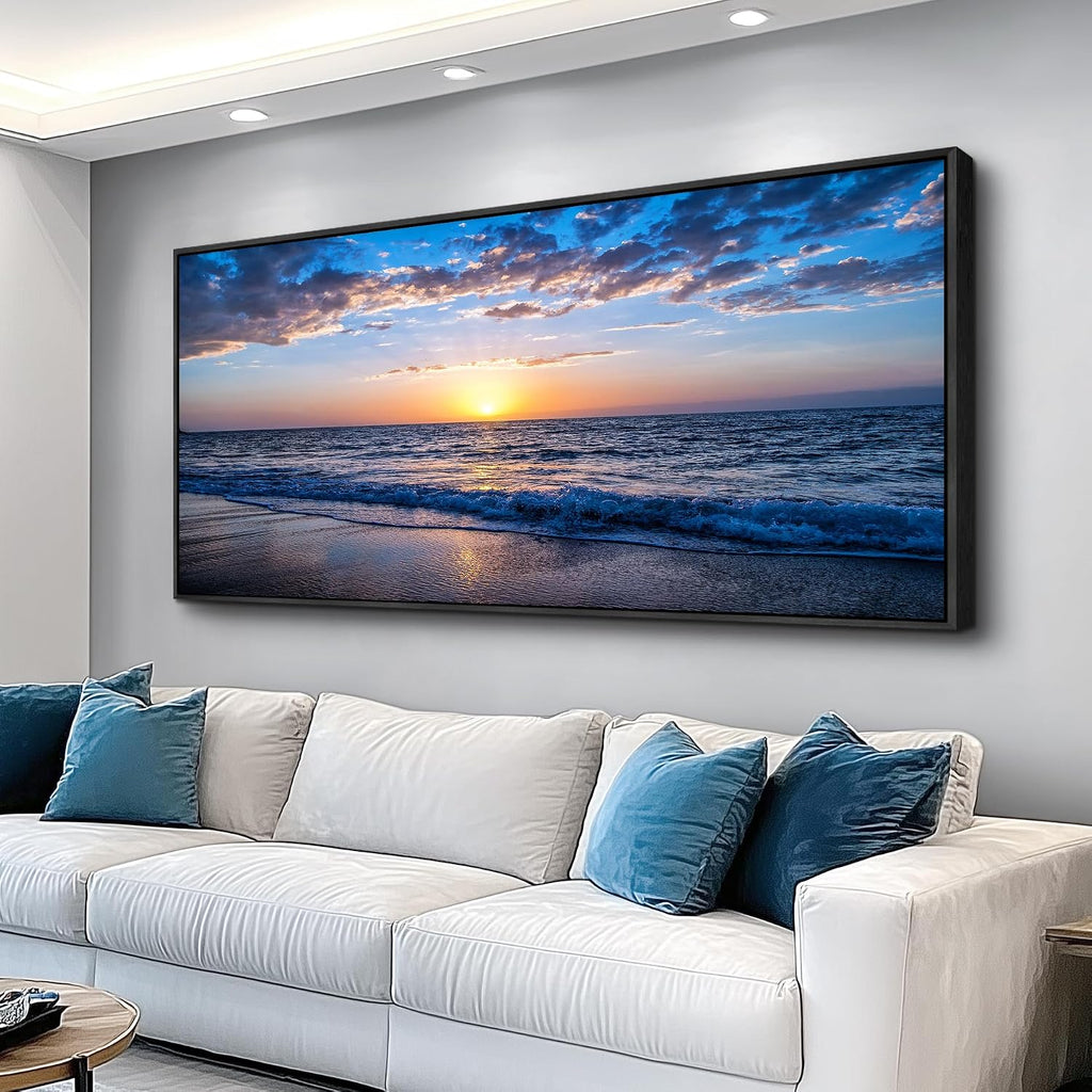 hyidecorart Blue Ocean Wall Art Large Paintings For Living Room Wall Decor For Bedroom Landscape Nature Artwork For Walls Canvas Prints Calm Waves Beach Pictures For The Office Black Framed 72x32