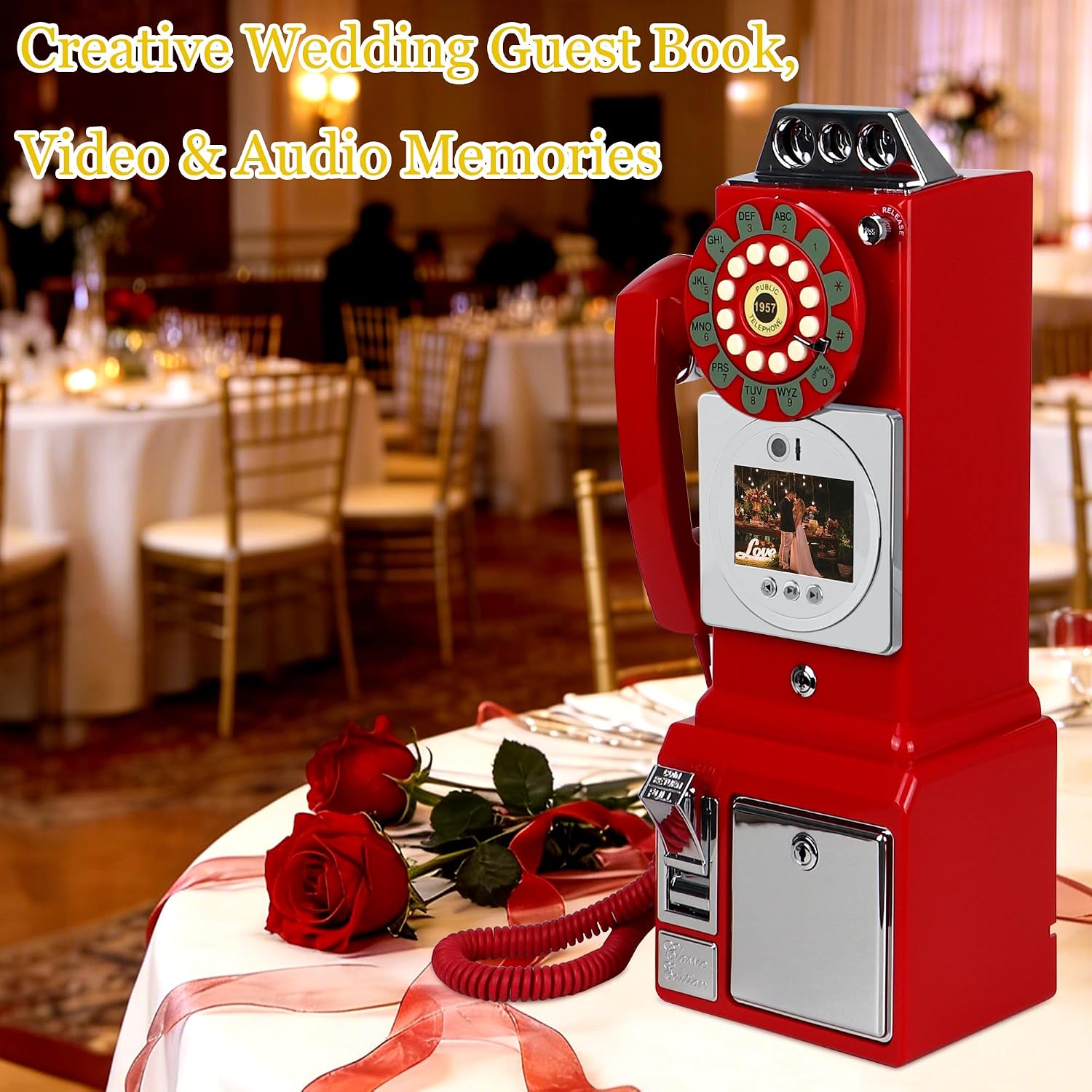 Video Audio Guest Book Wedding Phone, 1080P HD Video Guestbook Phone, Retro-Style Video Guest Book with Long Battery Life for Wedding, Birthday Party, Graduations, Baby Shower (Burgundy Red)