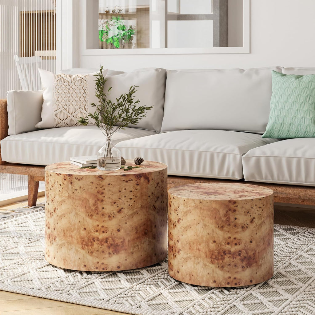 Nesting Coffee Table Set of 2, Modern Round Coffee Table Drum Side Table, Wooden Circle Accent Tables End Tables for Small Spaces Living Room Bedroom Office, Natural Burl