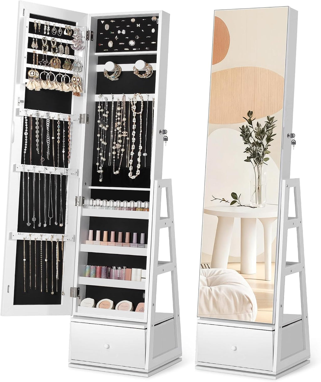 Nicetree 360°Swivel Jewelry Cabinet,Rotatable Full Length Mirror with Jewelry Storage,Standing Jewelry Armoire Organizer, Lockable Jewelry Organizer with 3 Rear Shelves,Bottom Drawer,Pure White