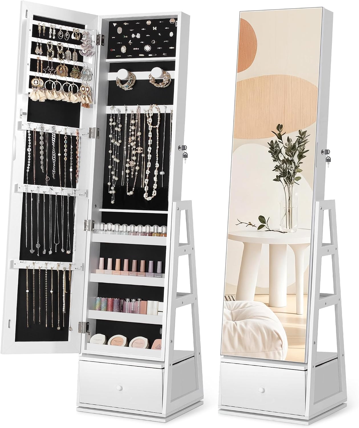 Nicetree 360°Swivel Jewelry Cabinet,Rotatable Full Length Mirror with Jewelry Storage,Standing Jewelry Armoire Organizer, Lockable Jewelry Organizer with 3 Rear Shelves,Bottom Drawer,Pure White