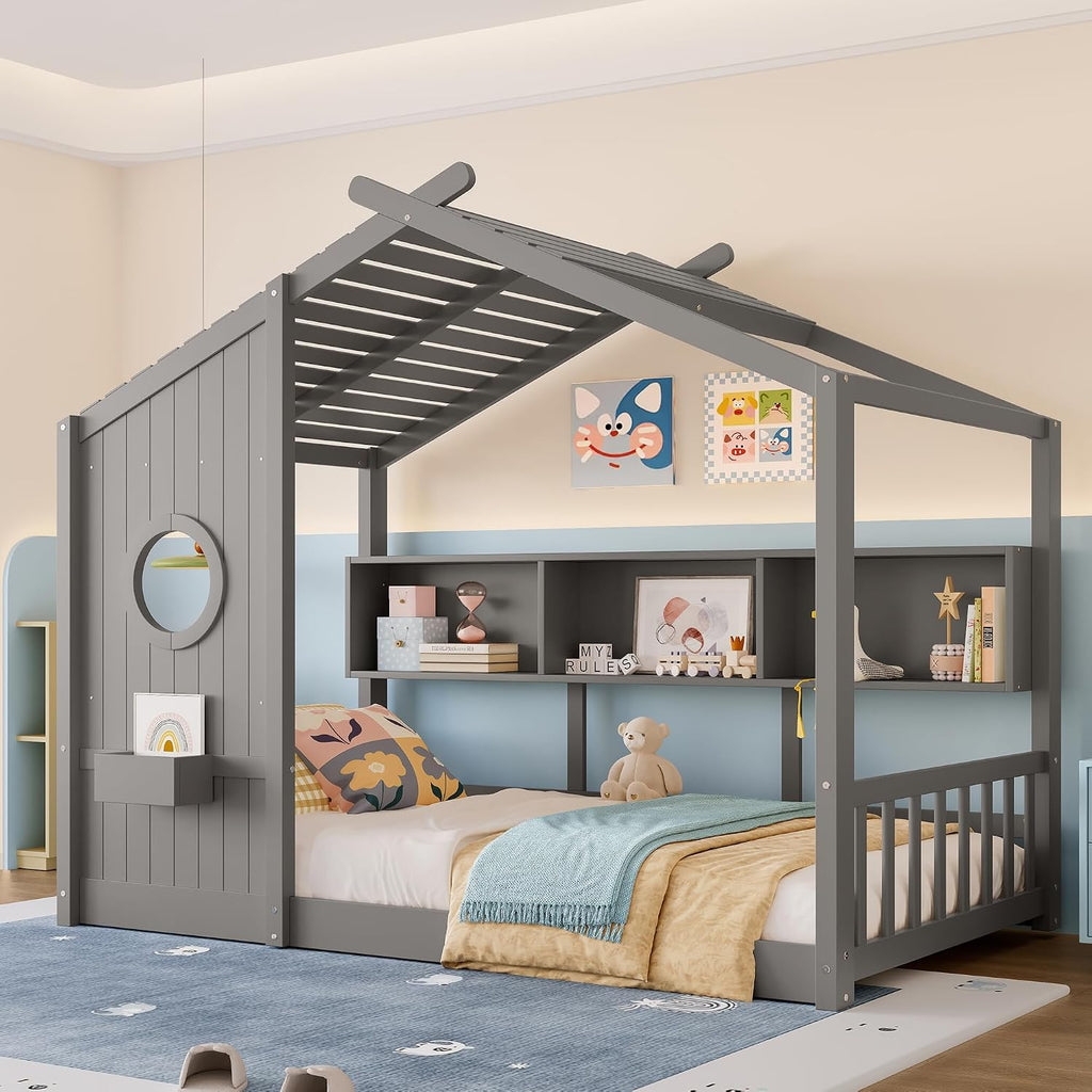 Merax Wood Floor House Bed with Storage Shelves, Twin Size Low Day Bed with Headboard & Wood Slat Support, No Box Spring Needed, Gray