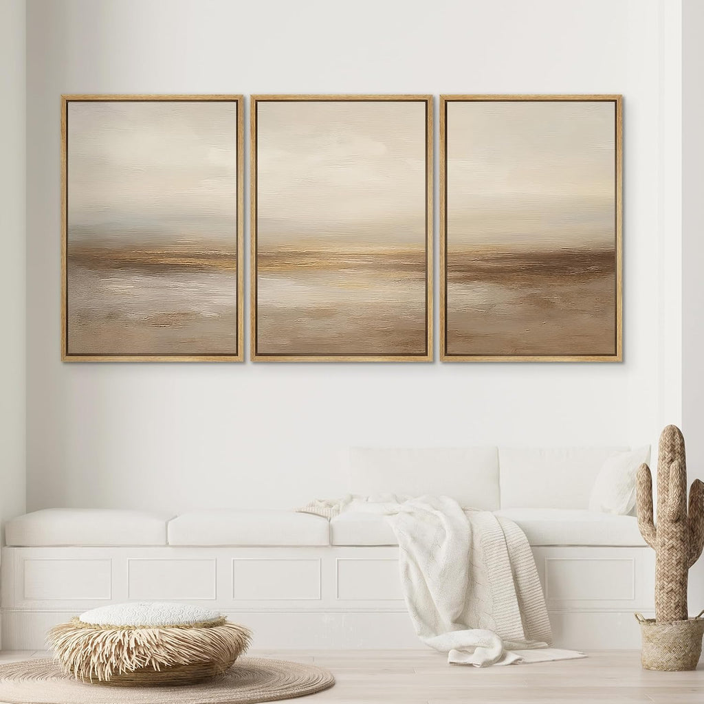 SIGNWIN Framed Wall Art Print Set Beige & Gold Horizon Abstract Minimalist Illustrations Modern Art Chic Multicolor for Living Room, Bedroom, Office - 24'x36'x3 Natural