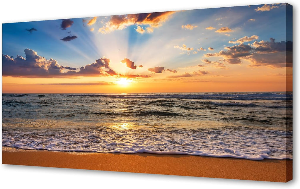 Muolunna BK1898 Wall Art Decor Large Canvas Print Picture Sunrise Ocean Beach 1 Panel Waves Scenery Painting Artwork for Office Wall Decor Home Decoration Stretched and Framed Ready to Hang
