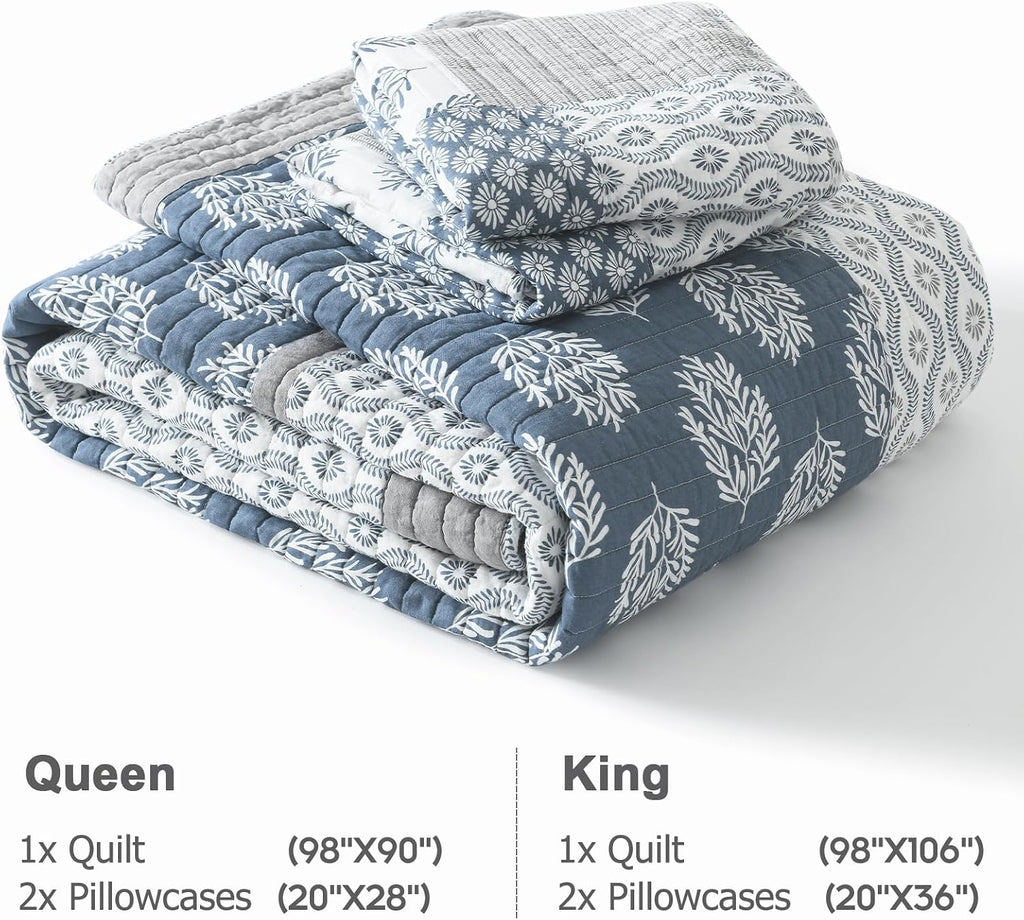 Finlonte King Size Quilt, 100% Cotton Comforter King Size, Blue Grey Farmhouse Quilted Bedspread, Patchwork Lightweight Reversible Quilt Bedding Set for King Bed, 3-Pieces