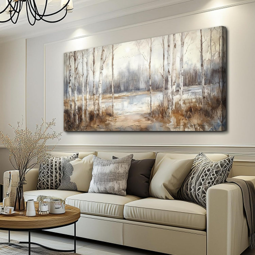 QIYILEXWART Canvas Wall Art For Living Room Large Wall Decor For Office Bedroom Decorations By The Lake Pictures Birch Forest Painting Stretched And Framed Artwork Room Ready To Hang