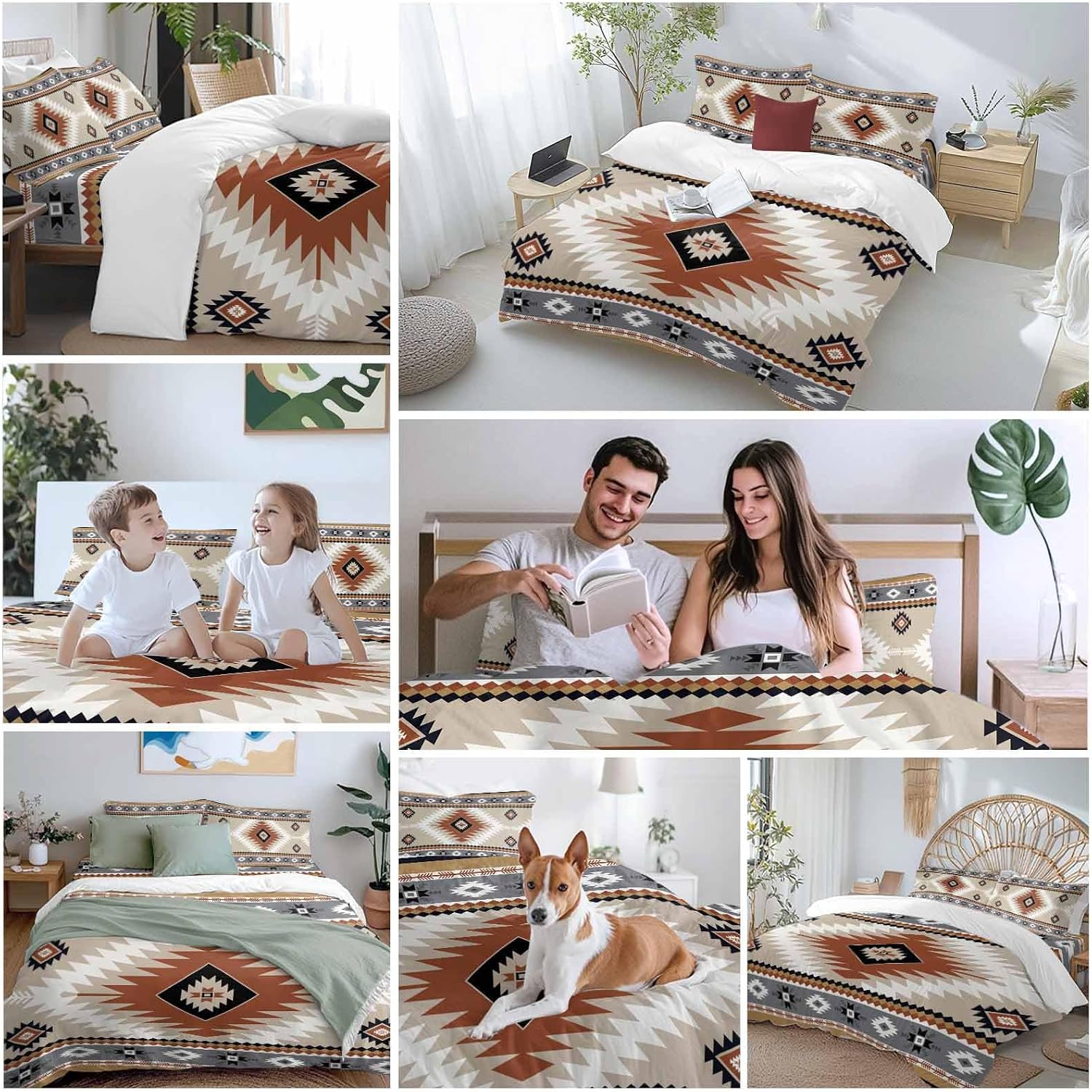 Aztec Southwestern Duvet Cover Set Queen Size 4 Pieces Ethnic Tribal Style Geometric Orange Khaki Bedding Set with Zipper Closure, 1 Comforter Cover 92x106 Inches 1 Flat Sheet & 2 Pillow Cases