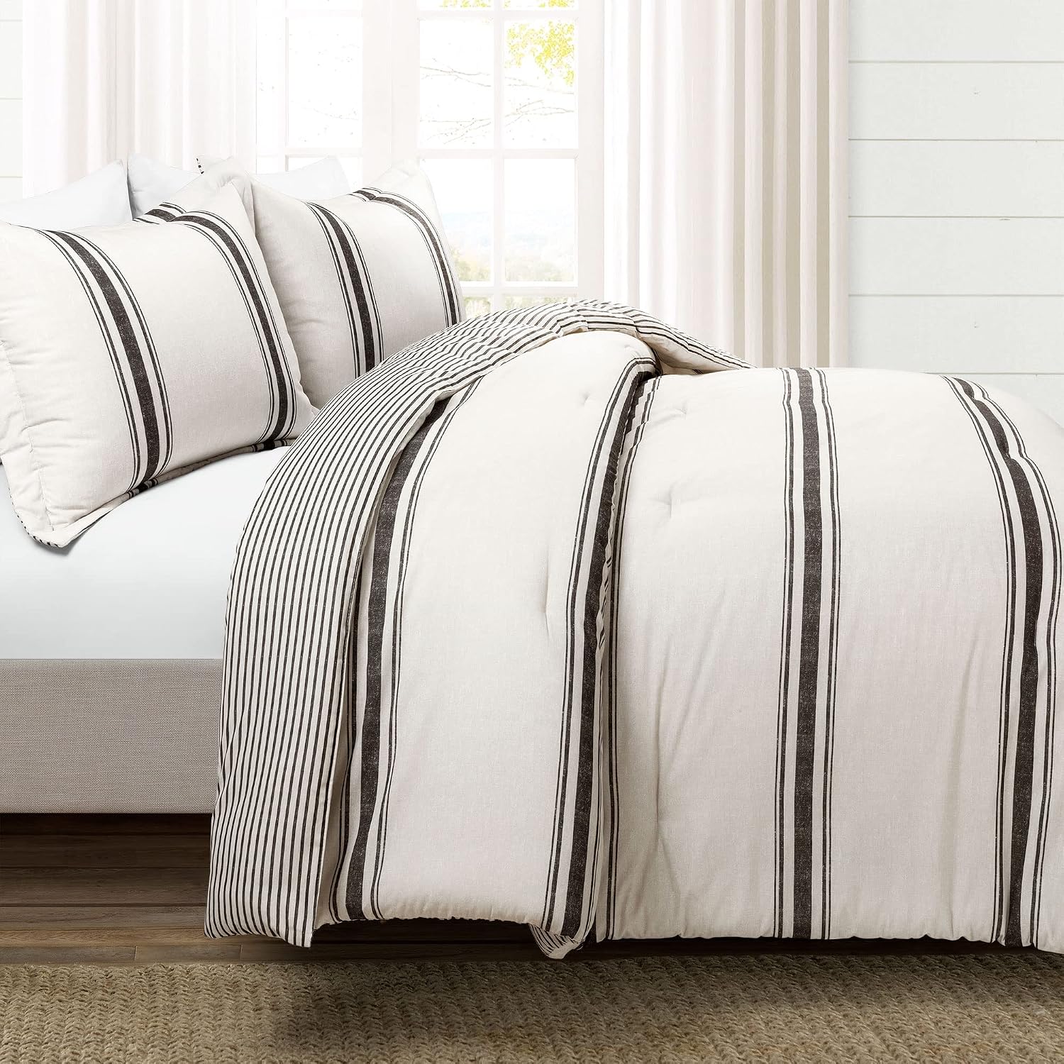 Lush Decor Farmhouse Stripe Reversible Cotton Comforter Set, 3 Piece Set, King, Black - Cozy Farmhouse Bedding Set - Rustic Decor - Striped Comforter - Modern Farmhouse Bedroom Decor