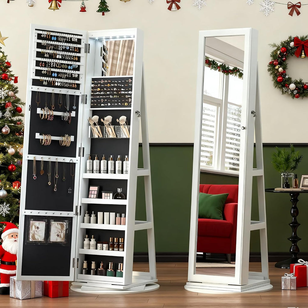LVSOMT Mirror Jewelry Cabinet Standing, 360° Swivel Jewelry Armoire with 6 LED Lights and Interior Mirror, Full Length Mirror with Storage, Standing Lockable Jewelry Organizer, White
