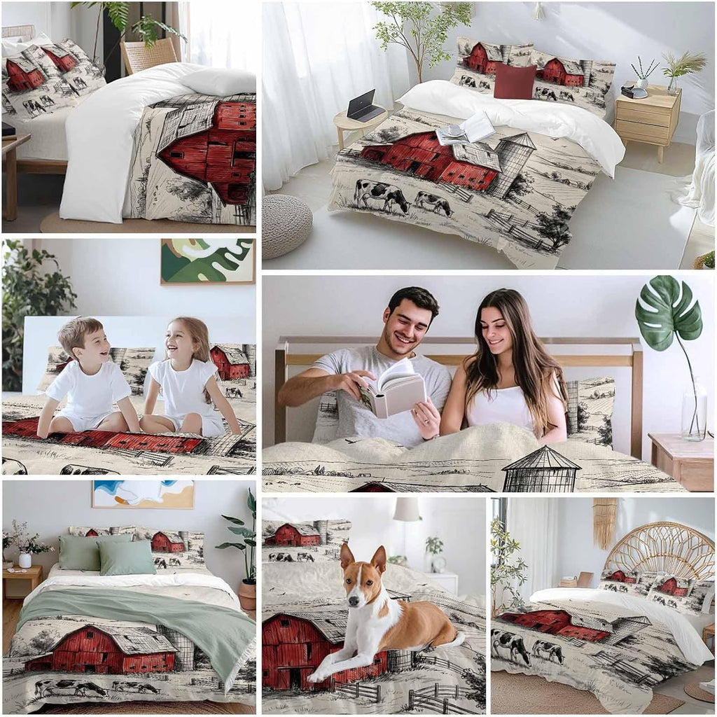 Farmhouse Duvet Cover Set Queen Size 4 Pieces Pastoral Landscape Watercolor Barn Farm Dairy Cow Retro Bedding Set with Zipper Closure, 1 Comforter Cover 92x106 Inches 1 Flat Sheet & 2 Pillow Cases